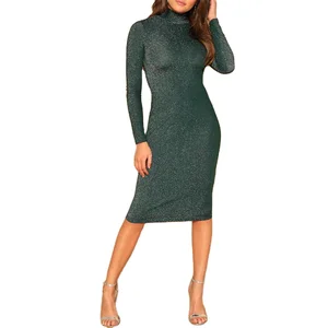 Elegant High Neck Glitter Bodycon Midi Dress Ladies Slim Fit Stretch Prom Dress