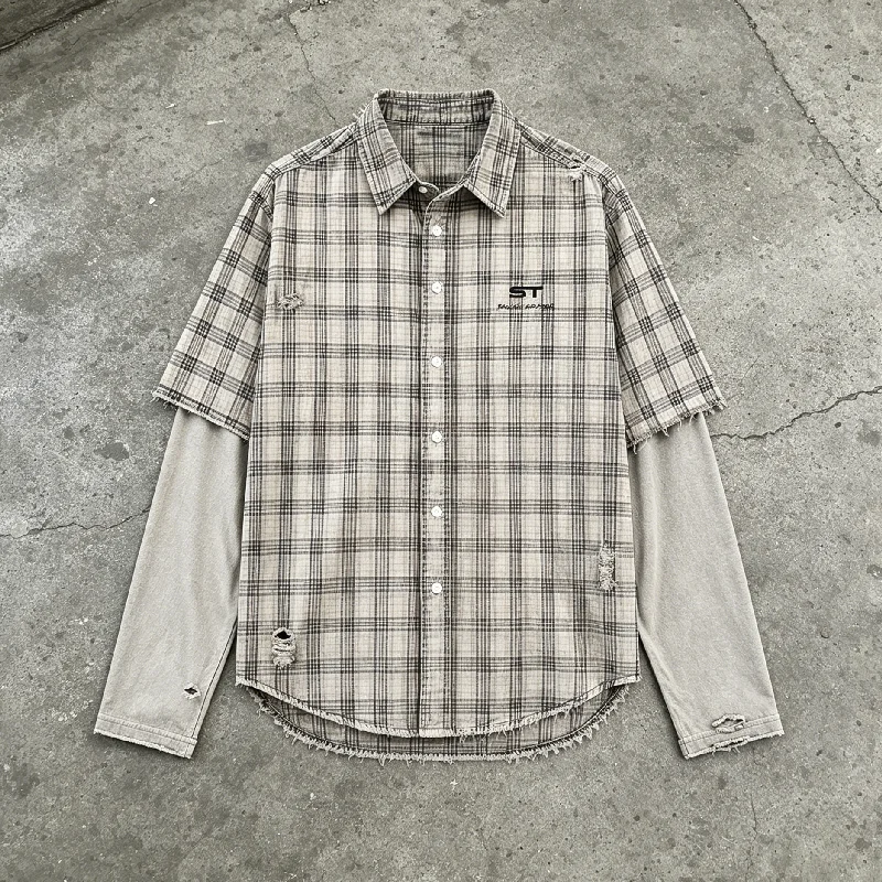 Manufacturers Custom Oversize Retro Vintage Camisetas Hombre Acid Wash Button up Long Sleeve Plaid Flannel Retro Style gallery 5