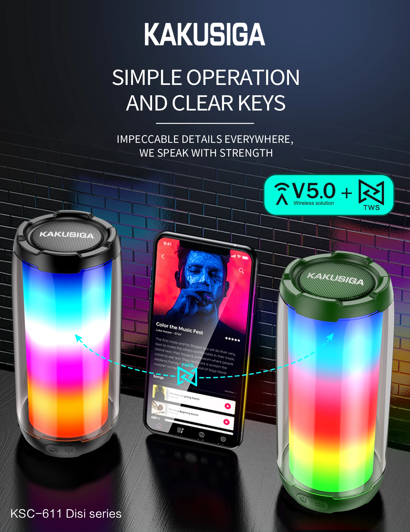 KAKUSIGA KSC-611 Colorful Glare LED Wireless Speaker 9D Surround Sound Effect 10W Portable Audio Speaker