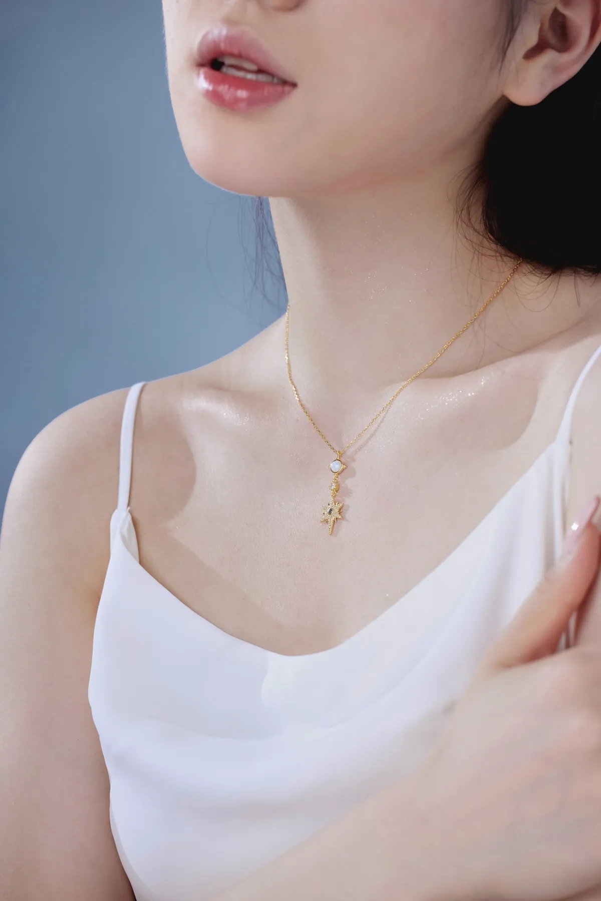 KAKODIY Vintage Elegant 925 Sterling Silver Chain Opal Hexagon Pendant Necklace Blue Star 18K Gold Plated Necklace for Women detail 3