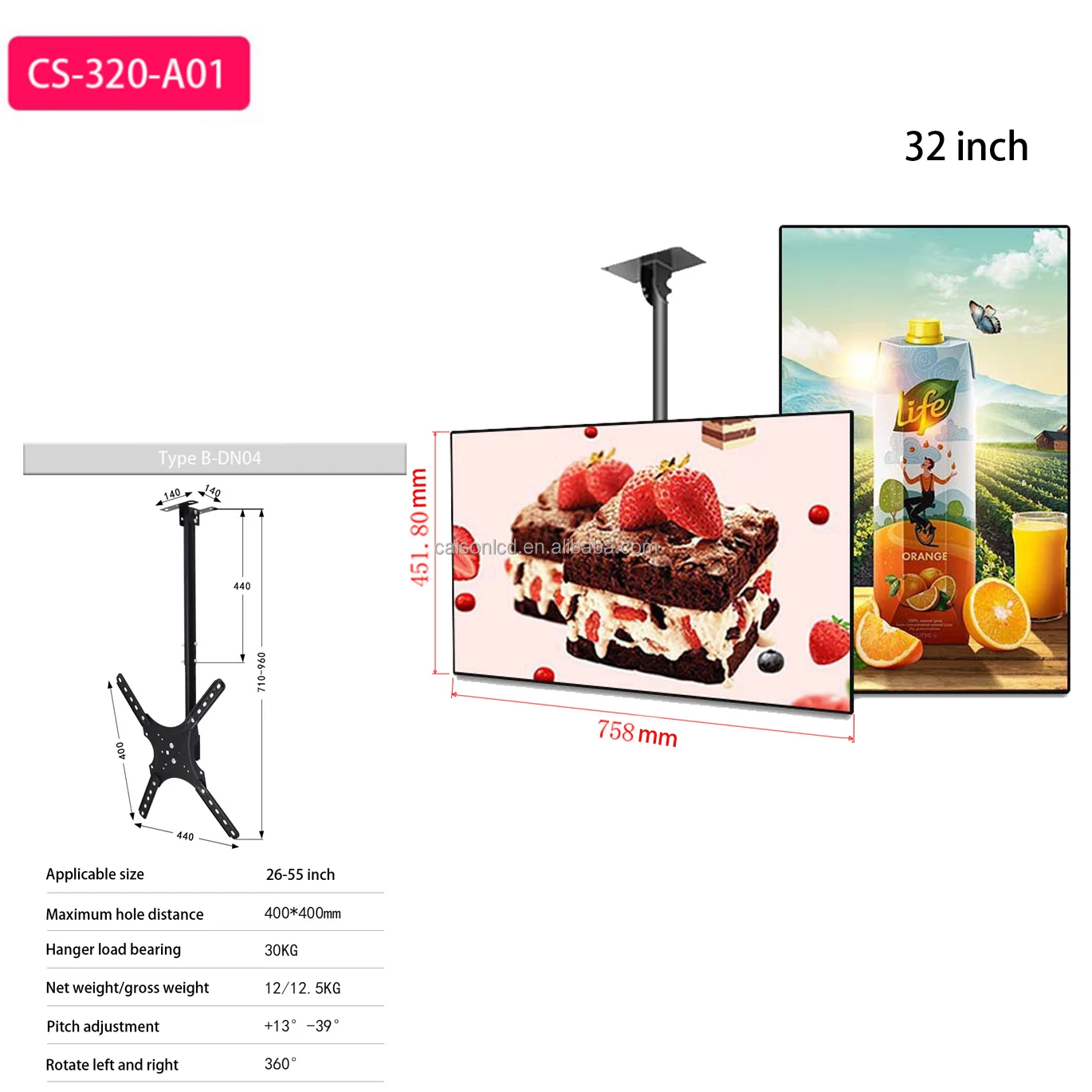 32 inch hanging advertising machine support 4K resolution and Android with 1000-3000 high brightness digital signage and display factory