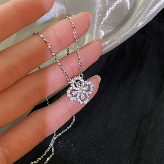 S925 Sterling Silver Full Diamond Flower Necklace Female Necklace Net Red Same Style Clavicle Chain Short Simple Jewelry