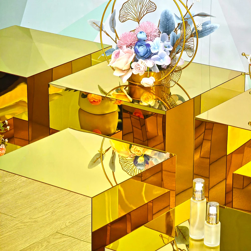 9pcs Set Gold Color Acrylic Risers for Food Display 9pcs Mirror Gold Acrylic Buffet Risers Set