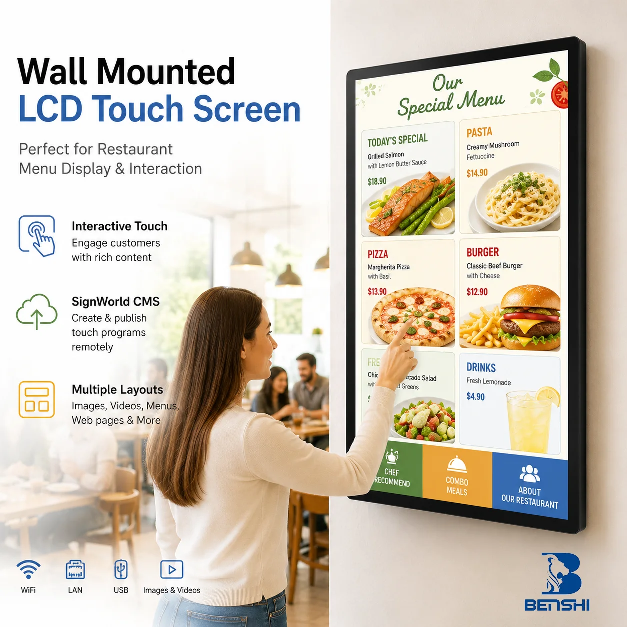 Wall Mounted Capacitive Touch Screen Monitors TV Display Player 4k Android Digital Menu Board Publicidad Signage and Displays
