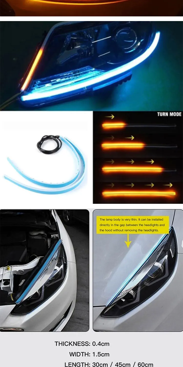 30cm/45cm/60cm Car Led Drl Steering Running Light White Amber Dual