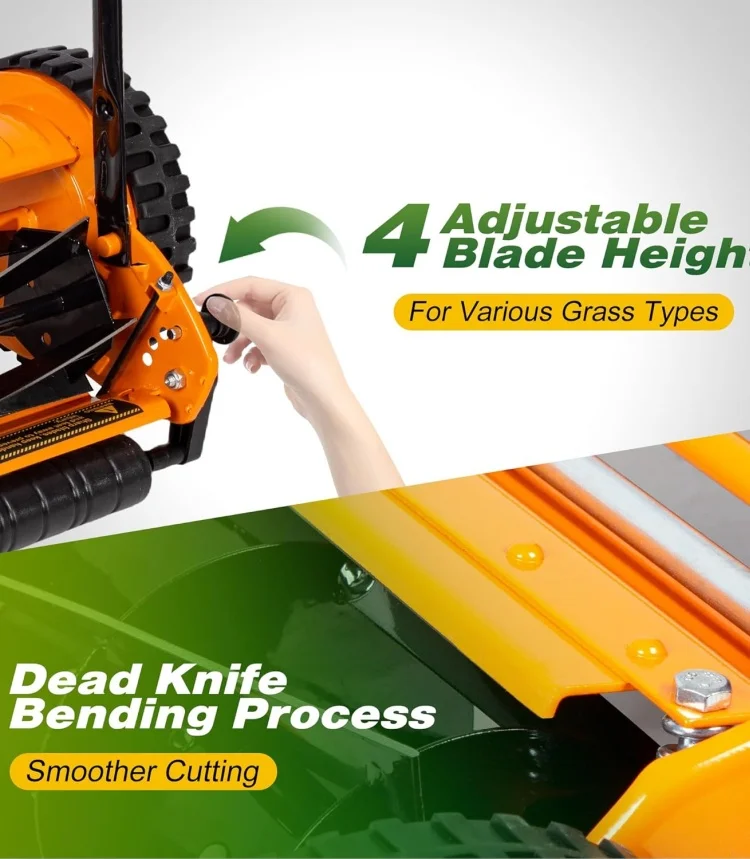 Gardening Tool Push Reel Walk-Behind Steel Lawn Mowers with Multiple-Blade 4-Position Cutting Height Adjustment
