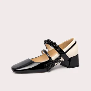 Square Toe Mary Jane Shoes for Women Classic Bow Embellished Double Strap Block Heel Pumps Color-matched Elegant Ankle Boots