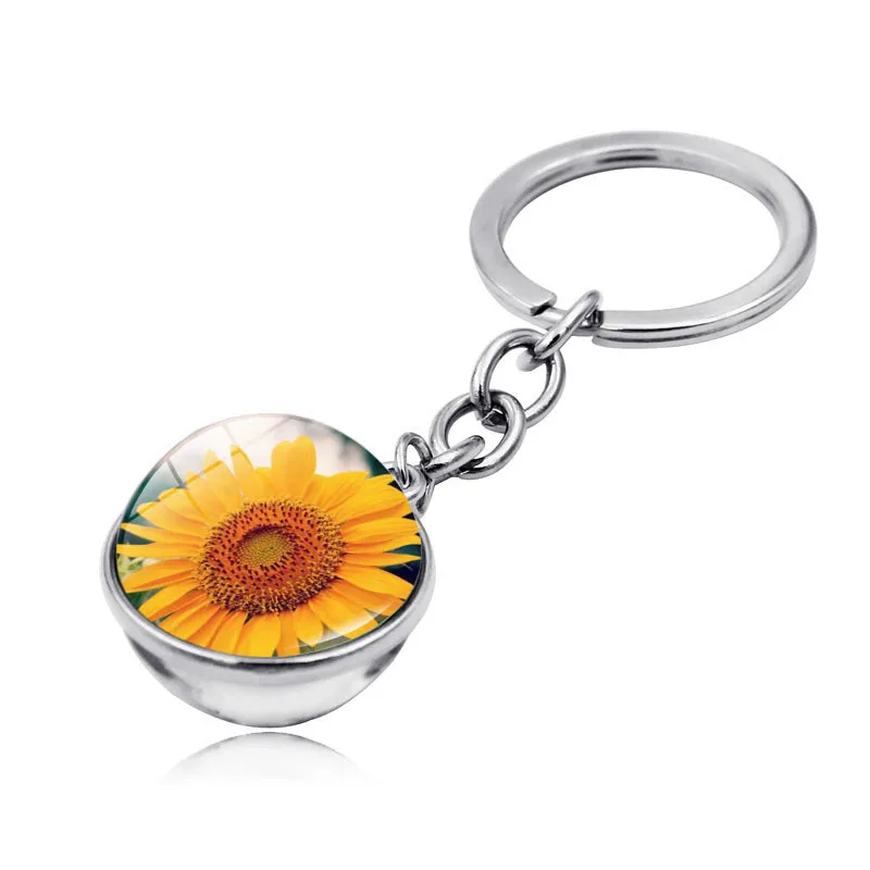 Милый модный женский брелок для ключей LWK70038, подарки, художественная картина, двухсторонний стеклянный шар, Подсолнух, брелок, аксессуары