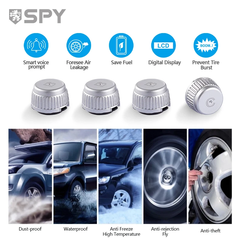 SPY Digital Tire Pressure Sensor Internal Tpms for Android Auto Screen Car HUD Display Solar Monitoring Tire Gauges