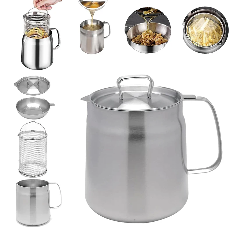 2 in 1 Oil Strainer Pot Heavy Duty Frying Net Cooking Oil Container 304 Stainless Steel Oil Filter Pot With Strainer