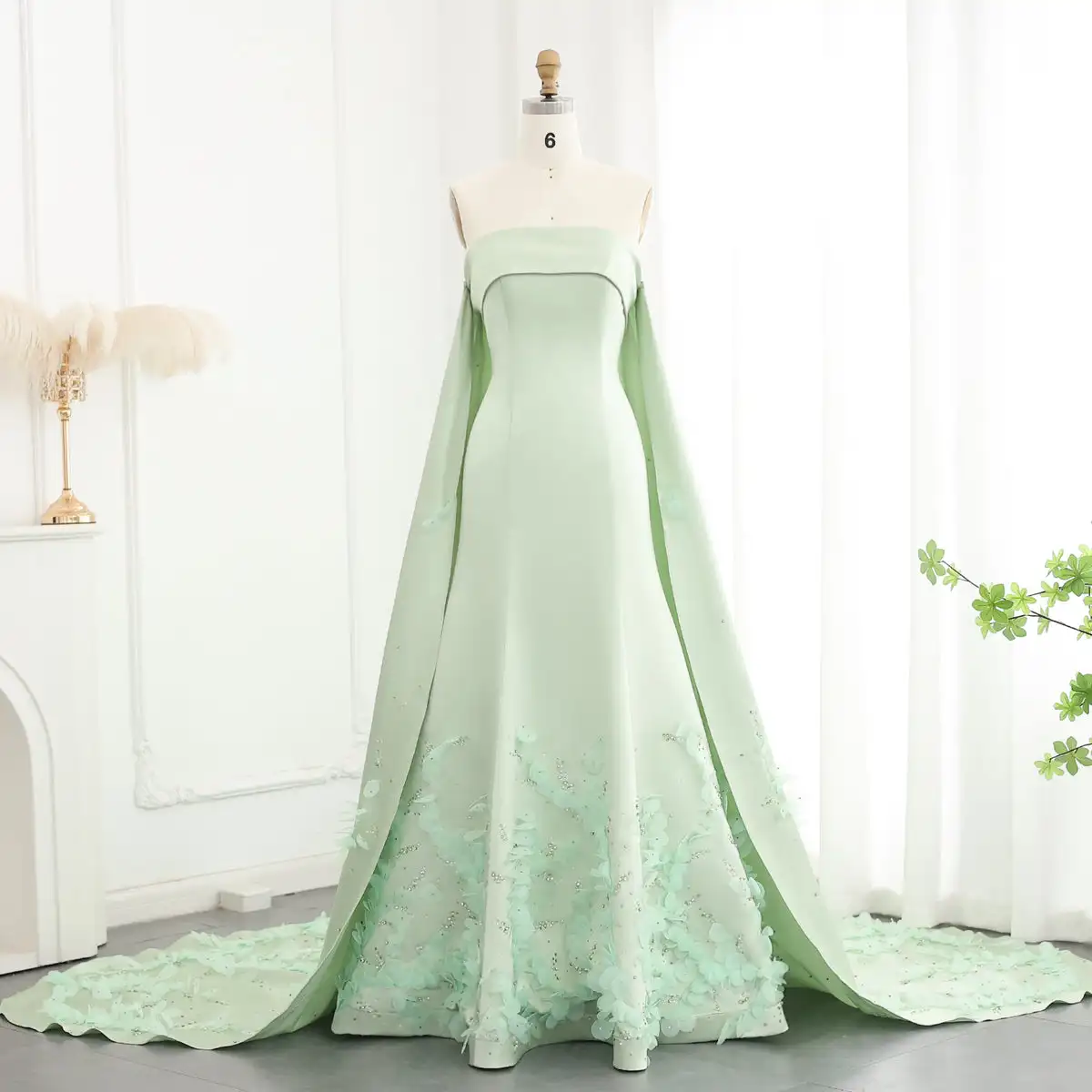 Custom Made Sage Green Crystal Wedding Dress With Cape Oem