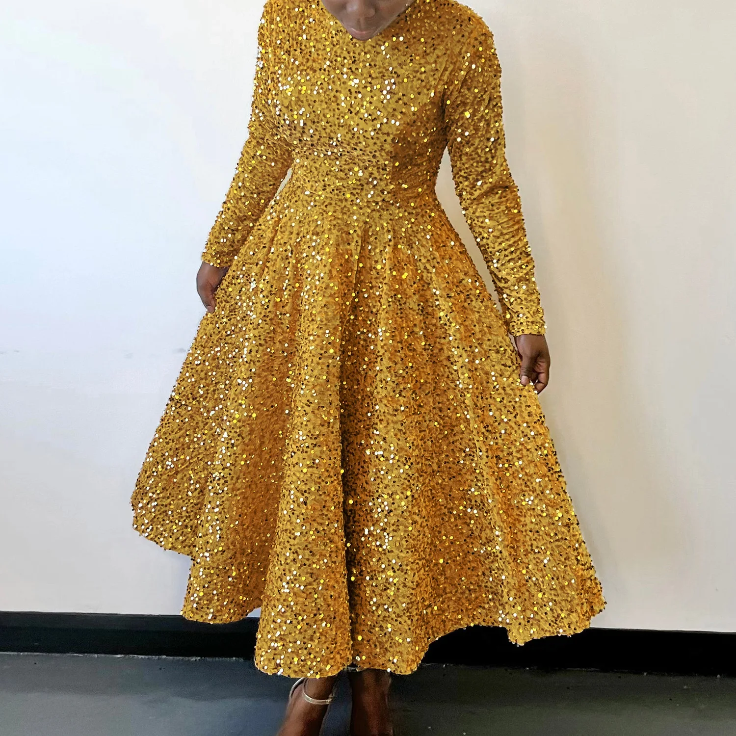 2024 African Women O Neck Gold Color Mid Long Sequin Lace Long Sleeve Dress  Basic Casual Wear Dresses a Line Evening Party Dress
