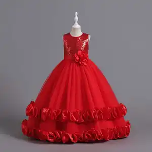 4-11 Years Sleeveless Princess Flowers Ball Evening Gown Sequin Fabric Layered Christmas Long Girl Princess Dress