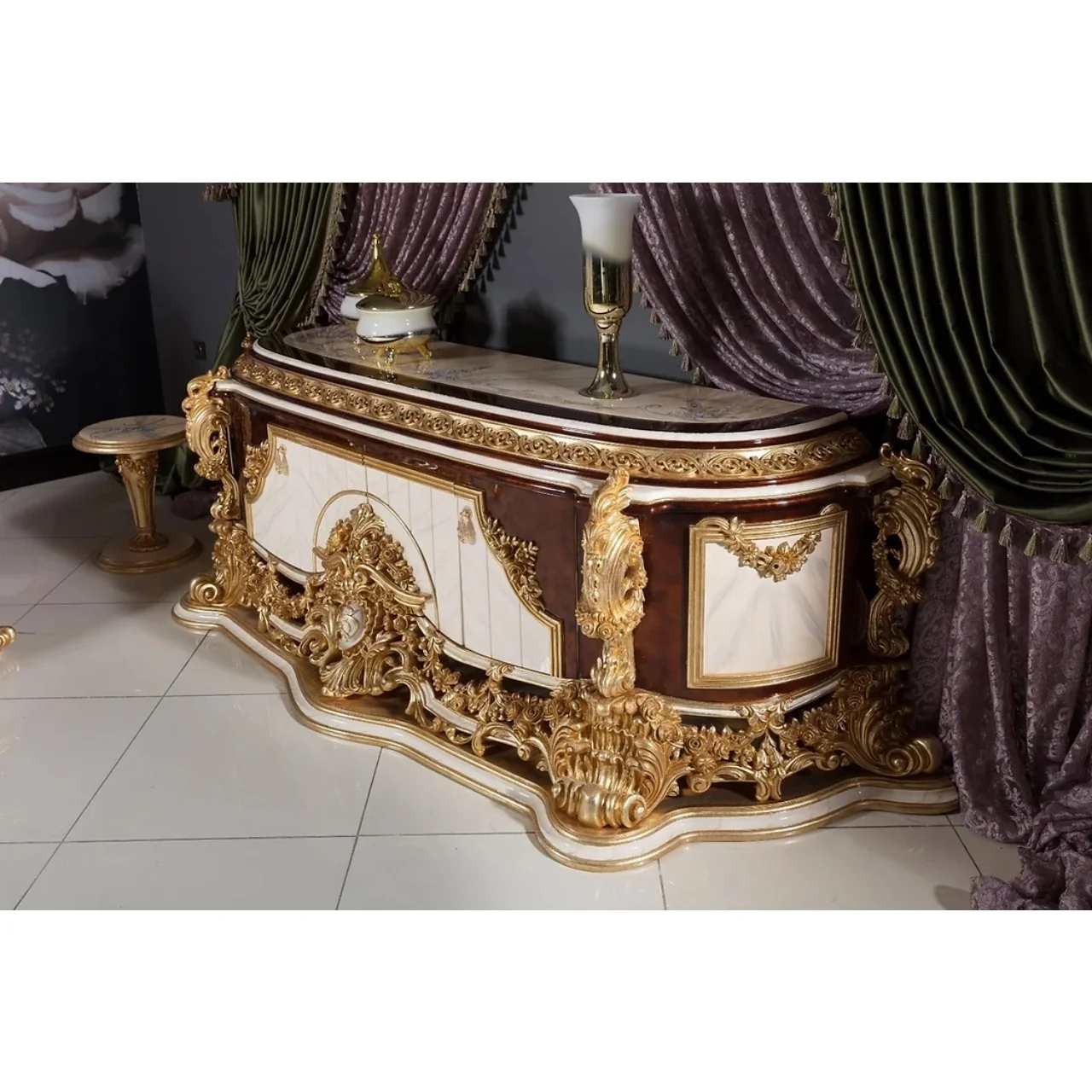 Royal Family Dining Room Furniture Set Luxury Antique Gold Solid Wood