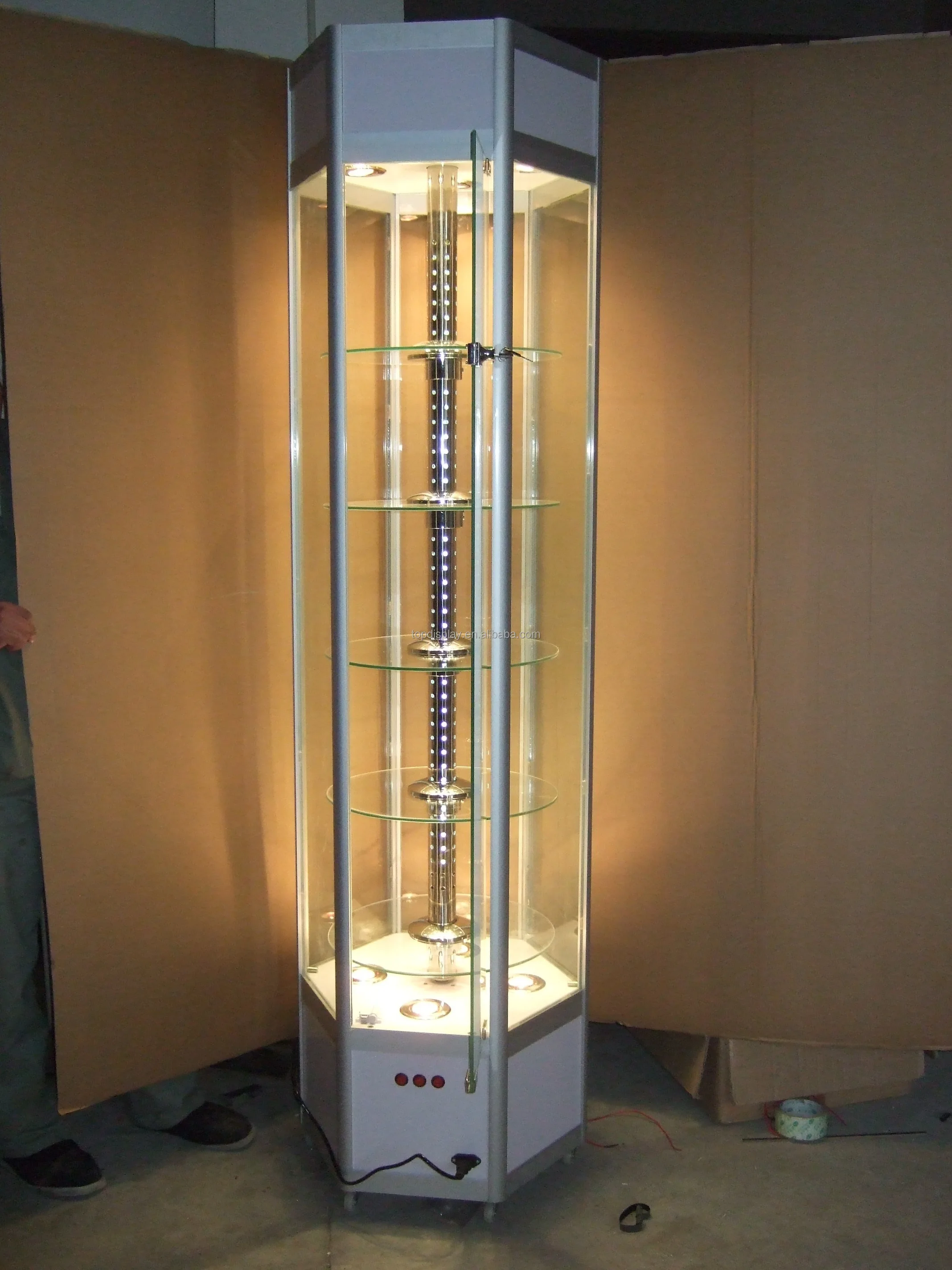Hexagonal Electrical Revolving Glass Display Cabinet/revolving Glass showcase with Lock