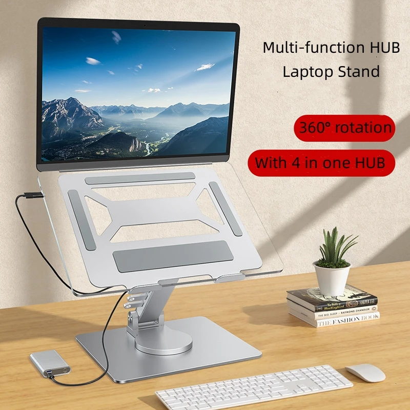 360 Rotation Aluminium Laptop Stand With Type c Docking Station  4 in 1 Multi Usb Hub