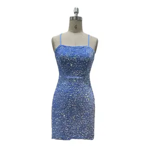 Women's Shiny Velvet Beaded Sequin Low-Neck Bodycon Dress Short Pom Pom Dress