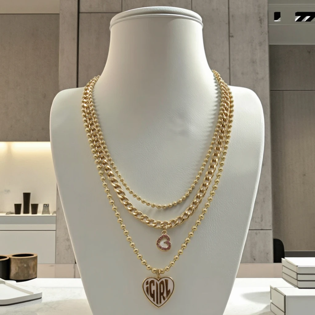 Trending Jewelry Alloy Layered Beaded CCB Chain Rhinestone Epoxy Letter Heart Pendant Gold Plated Necklace for Women