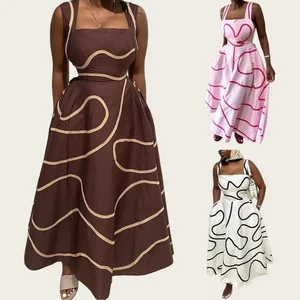 HK7527 Latest Design Square-neck Women Dress Printed Fitted Dress Accentuates Waist and Flatters the Figure Midi Halter Dress