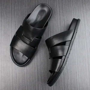 Men Summer Sandals  Leather New Style Genuine Leather Men's Black Beach Shoes Casual Non-slip Outdoor Men Slides
