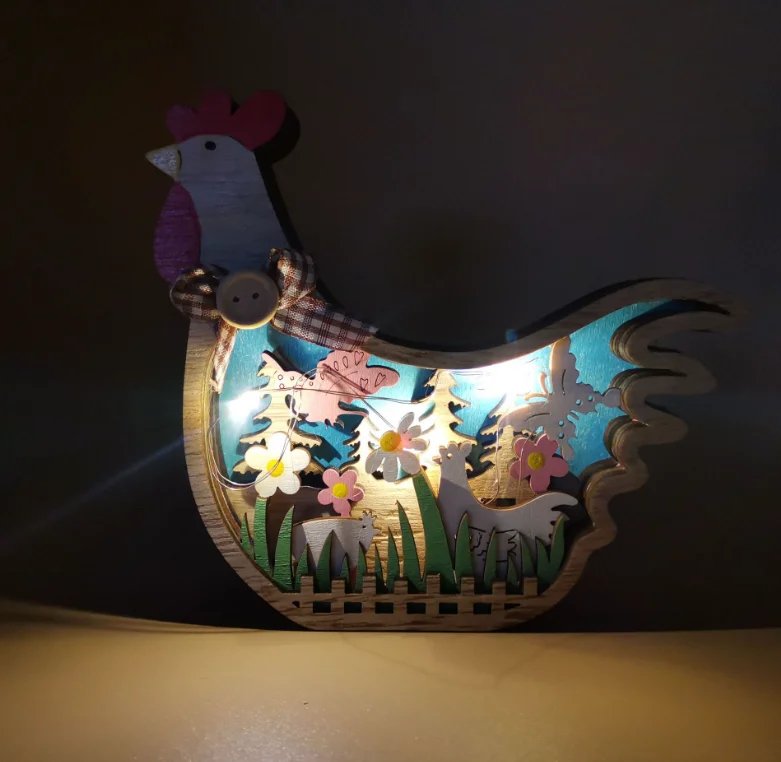High Quality Carved Multi Layer Easter Egg Chicken With LED Light Wood Table Decorations for Home Wooden Animals Carving Crafts
