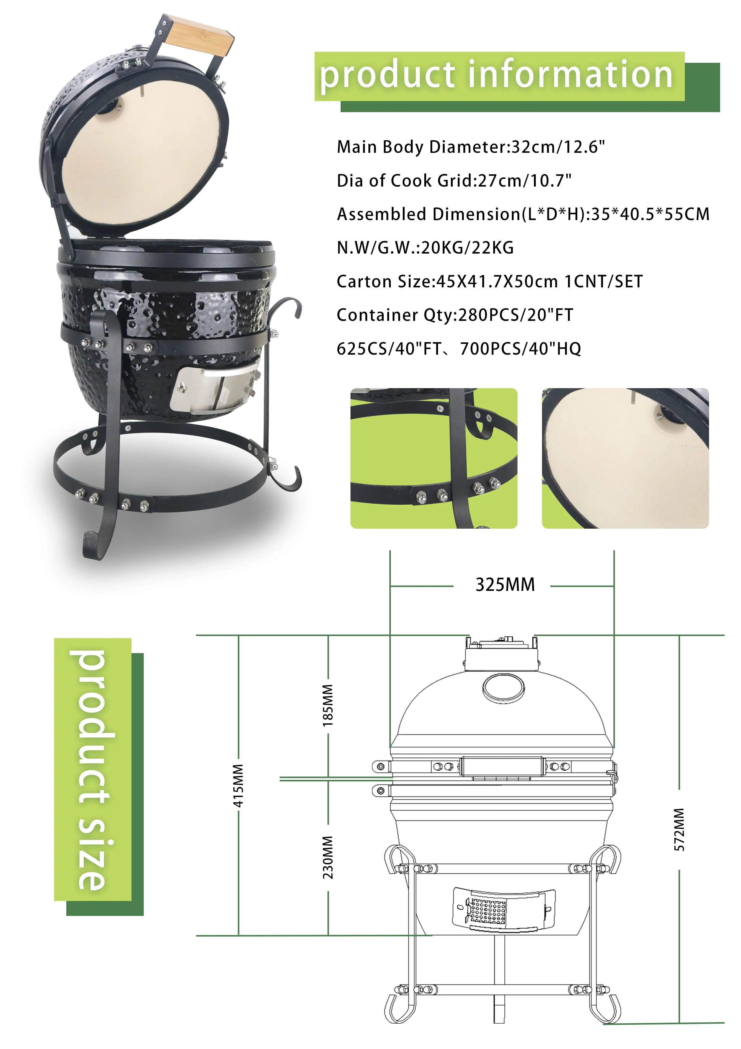 Auplex Kamado Grill Egg 13 Inch Mini Green Portable Energy Saving Bbq