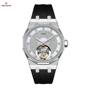 Custom Luxury Mother of Pearl Dial Crystal Bezel Silicone Strap Watch Luxury Full Diamond Business Men's Real Tourbillon Watch
