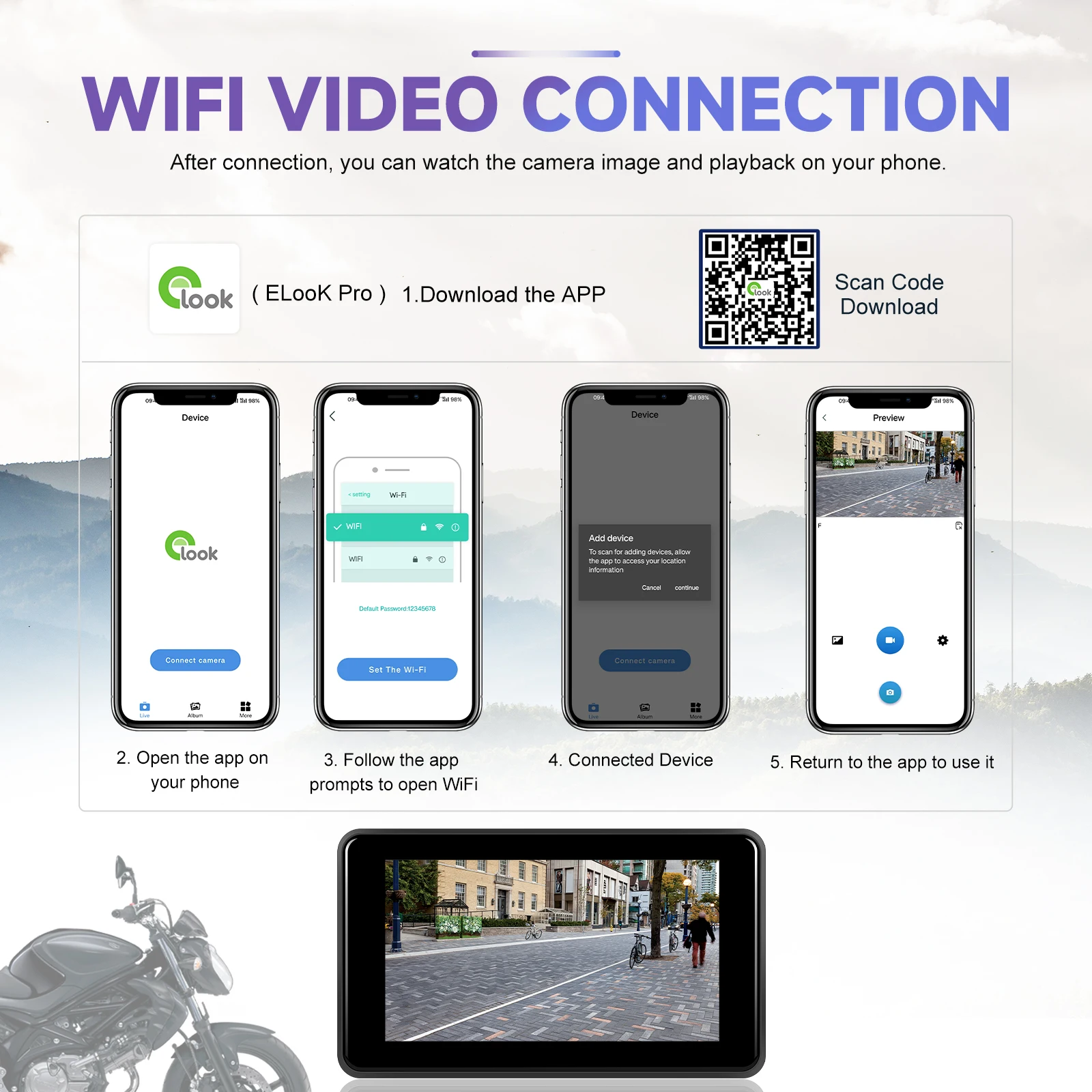 podofo 5 inch motorcycle portable wireless carplay screen android auto recording dvr navigation gps with front rear camera a3996-5