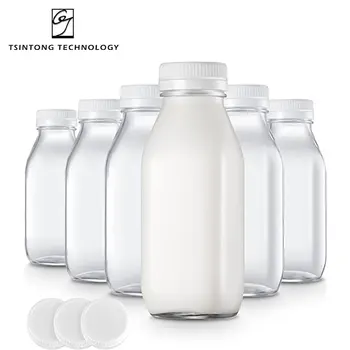 Wholesale Square Shape 500ml 17oz Empty Milk Fruit Juice Drink Container Glass Bottle with Plastic Cap