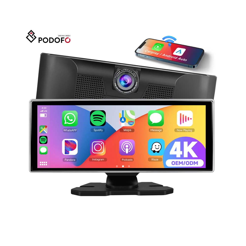 Podofo 11.26'' Portable Wireless CarPlay Android Auto Screen with 4K Dual Lens Dash Cam & Adjustable Front Camera for Cars Trucks Van