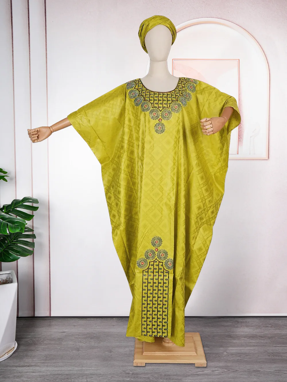 African Best Selling New Fashion Embroidery Flower Premium Diamond Green  Dress Set With Matching Scarf for Women K0662