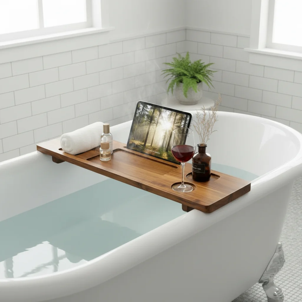 Wholesale Luxury Teak Wood Water-proof Eco-Friendly Modern Bathtub Tray Bath Caddy Table for Bathroom Home Spa Relaxation