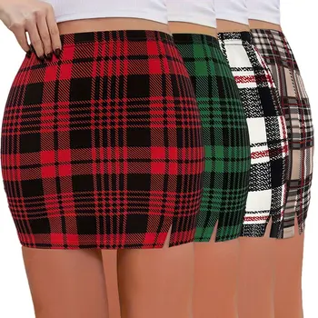 Women's Plus Size Vintage Stylish Plaid Print Short Skirt High Waist Bodycon Split Slit Knitted Mini Skirt