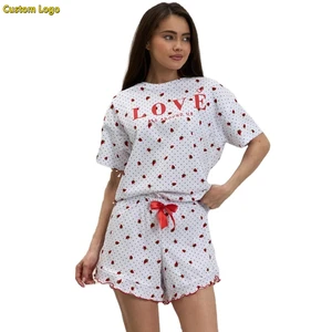 Custom Logo Pyjama for Women Set 2 Piece Cotton Loungewear Short Sleeve Tops and Shorts Soft&Comfortable Summer Cute Sleepwear