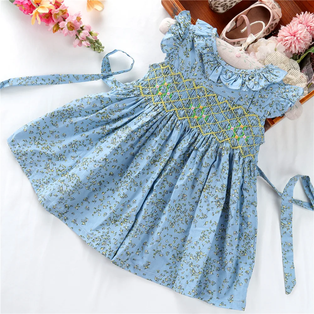 C042164 Wholesale Baby Dress for Girl Dresses Smocked pink Flower Floral  Ruffles Hand Made Cotton Wholesale