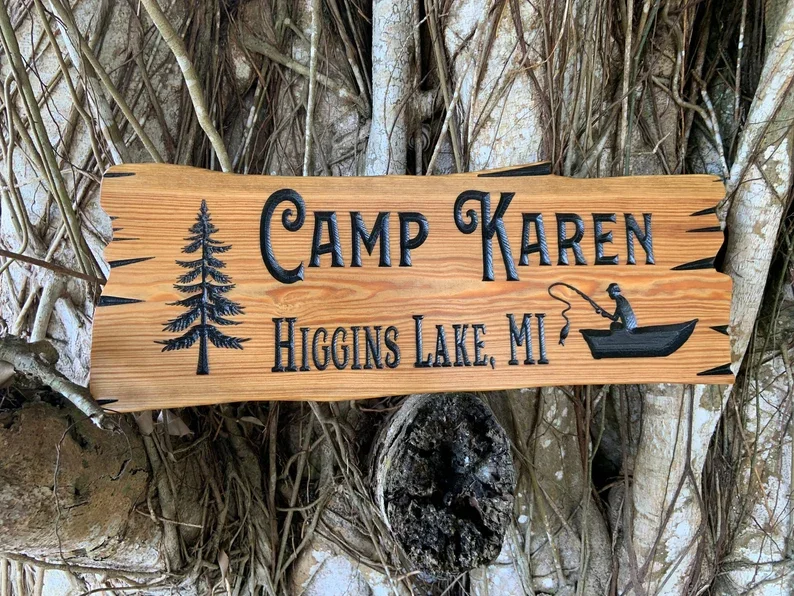 Wood Designer Wooden Design Pick Size and Font Wooden Carved Cabin Pine Trees Custom Camp Personalized Rustic Home Sign