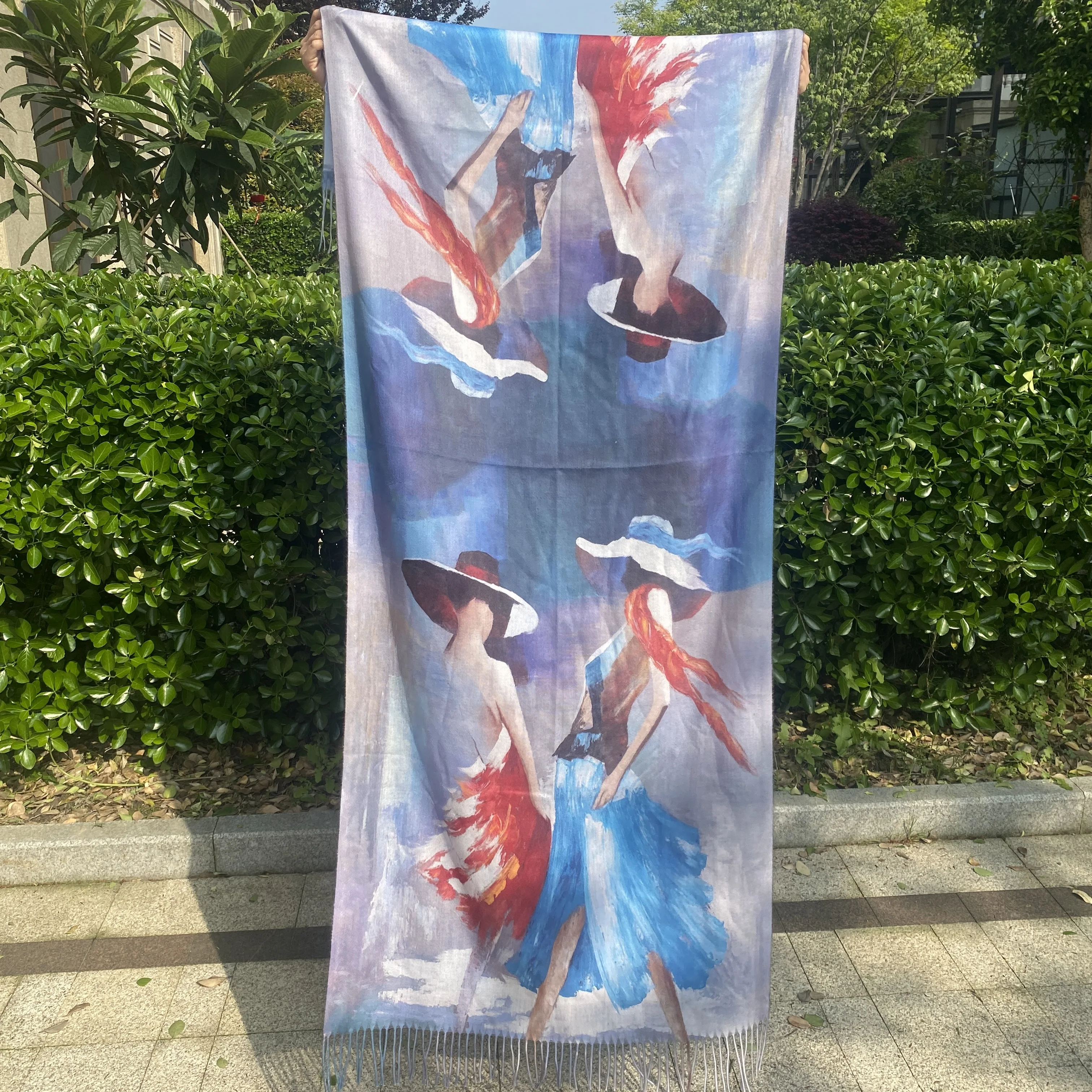 Custom Designed Logo Print Super Soft Wool Cashmere Pashmina Shawl Scarf Winter Festival Gift with Digital Printing Dot Pattern