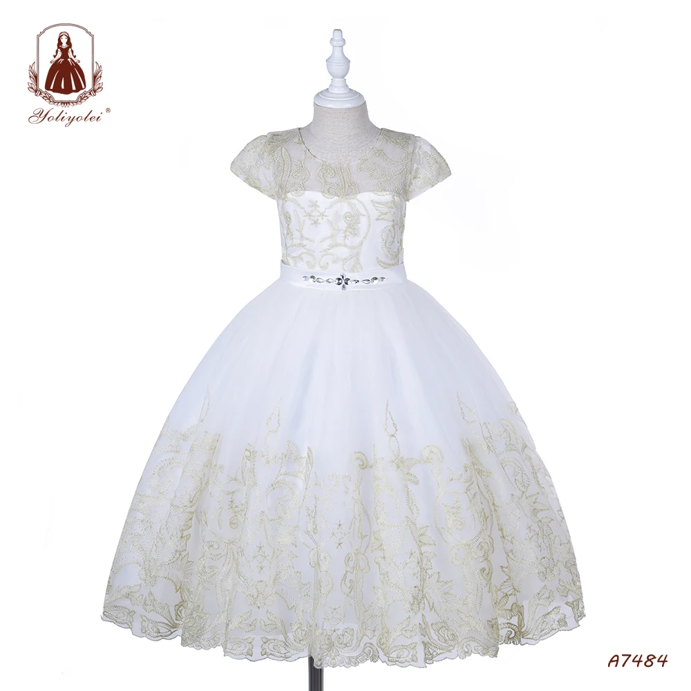 Wholesale long sleeve kids ball gown embroidered children clothing