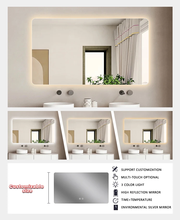 product led smart bathroom mirror ip44 anti fog toilet mirror luminescent touch screen wall mounted mirror for bathroom-4