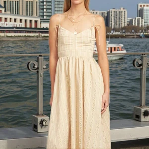 Custom Lady Modern Sundress Elegant V-Neck Tie Strap Solid Shade Stripe Slim Casual Dress Women's Dresses