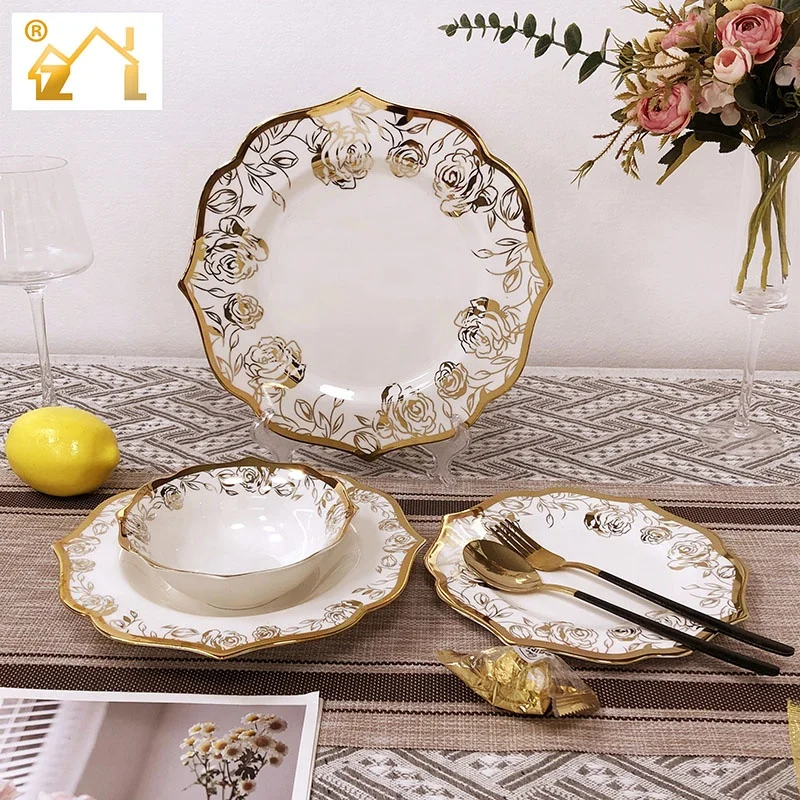 Wholesale 16 Pcs Luxury Porcelain Golden Plated Dinner Plates