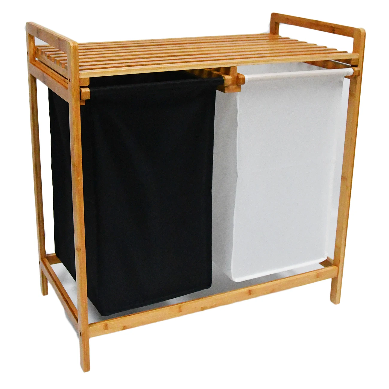 竹製ランドリーハンパーと棚、取り外し可能なバッグ付きデュアル