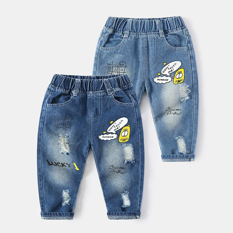 Teddy Bear Embroidery Casual Denim Jeans Blue Washed Pants  Hanarii