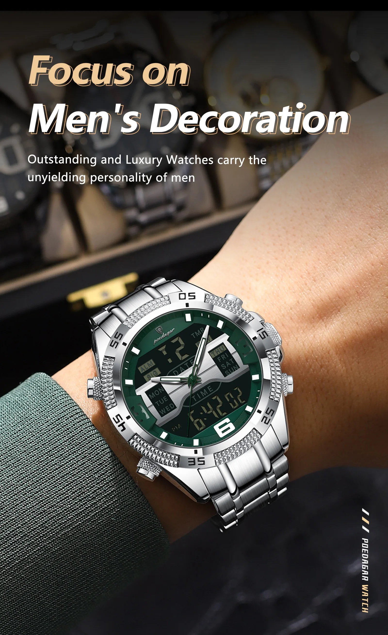 POEDAGAR E103 Waterproof Clock LED Men's Date Week Fashion Wristwatch Stainless Steel Strap Sport Quartz Watches Digital Watches