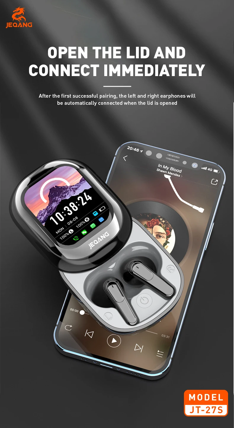 Jeqang-27S TWS BT Wireless In-Ear Earphones Smart Touch Screen Noise Cancelling Headphones Supports WeChat WhatsApp Messages