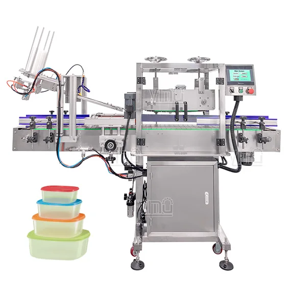 YIMU PM50 Full Automatic Food Container Capper Plastic Glass Bottle Jar Can Pneumatic Pressure Press Capping Feeder Machine