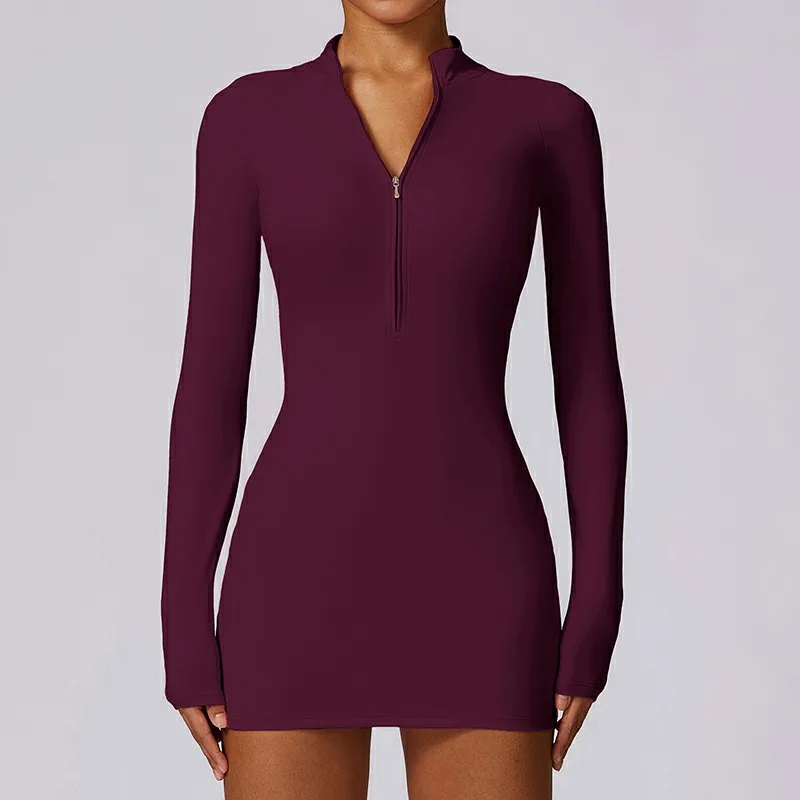 L801010 Y2K Long Sleeve Bodycon Mini Dress for Women Zip Front Hot Pink Tight Club Dress Streetwear Fall Winter Party Outfit