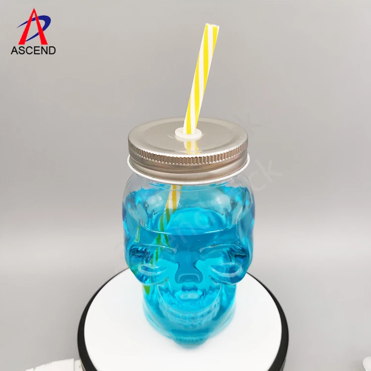 Custom Colored Skull Shape Glass Mason Jar 16OZ 500ml Glass Jar with Screw Metal Lid and Straw for Drinking