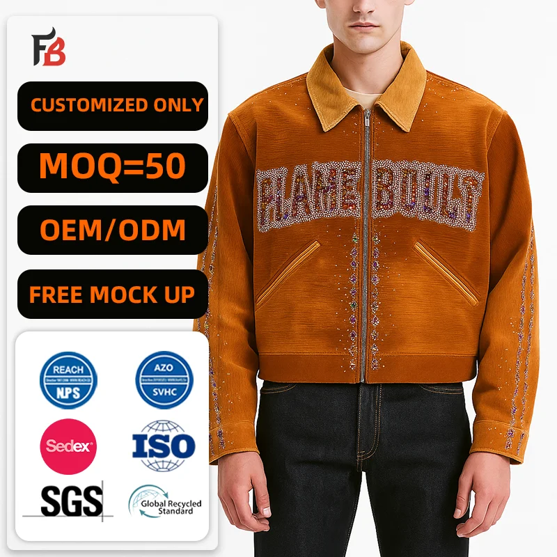 Streetwear Custom Distressed Vintage Wash Diamonds Men's Zip up Corduroy Denim Canvas Jacket for Man