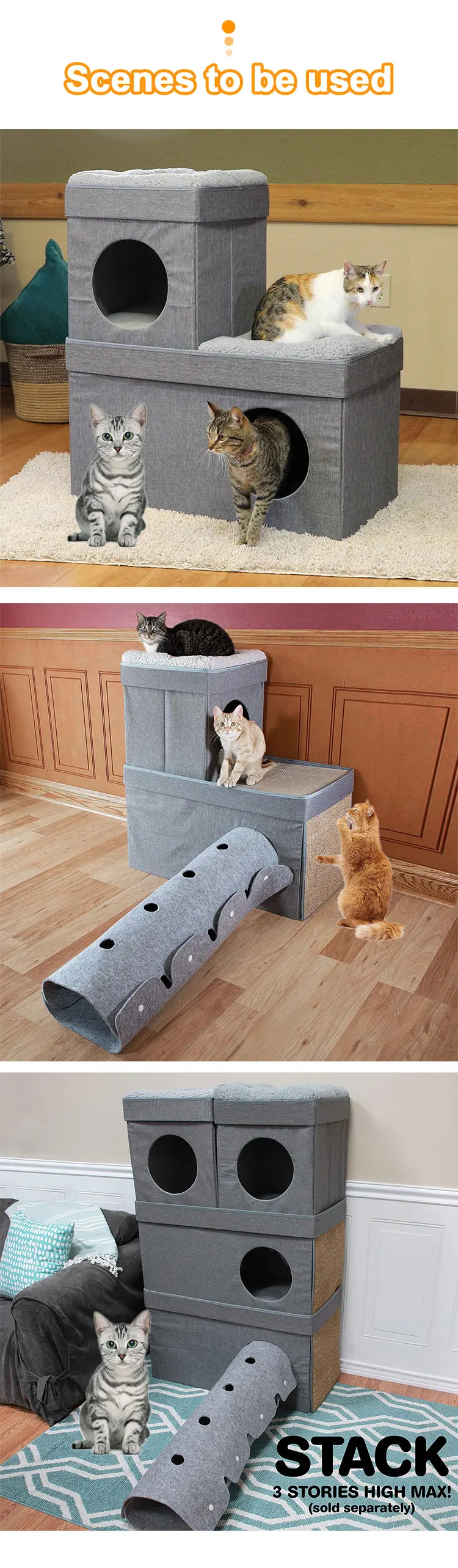 Large Stackable Grey Condo Cat Cube Cat House Pop up Bed Cat Ottoman ...